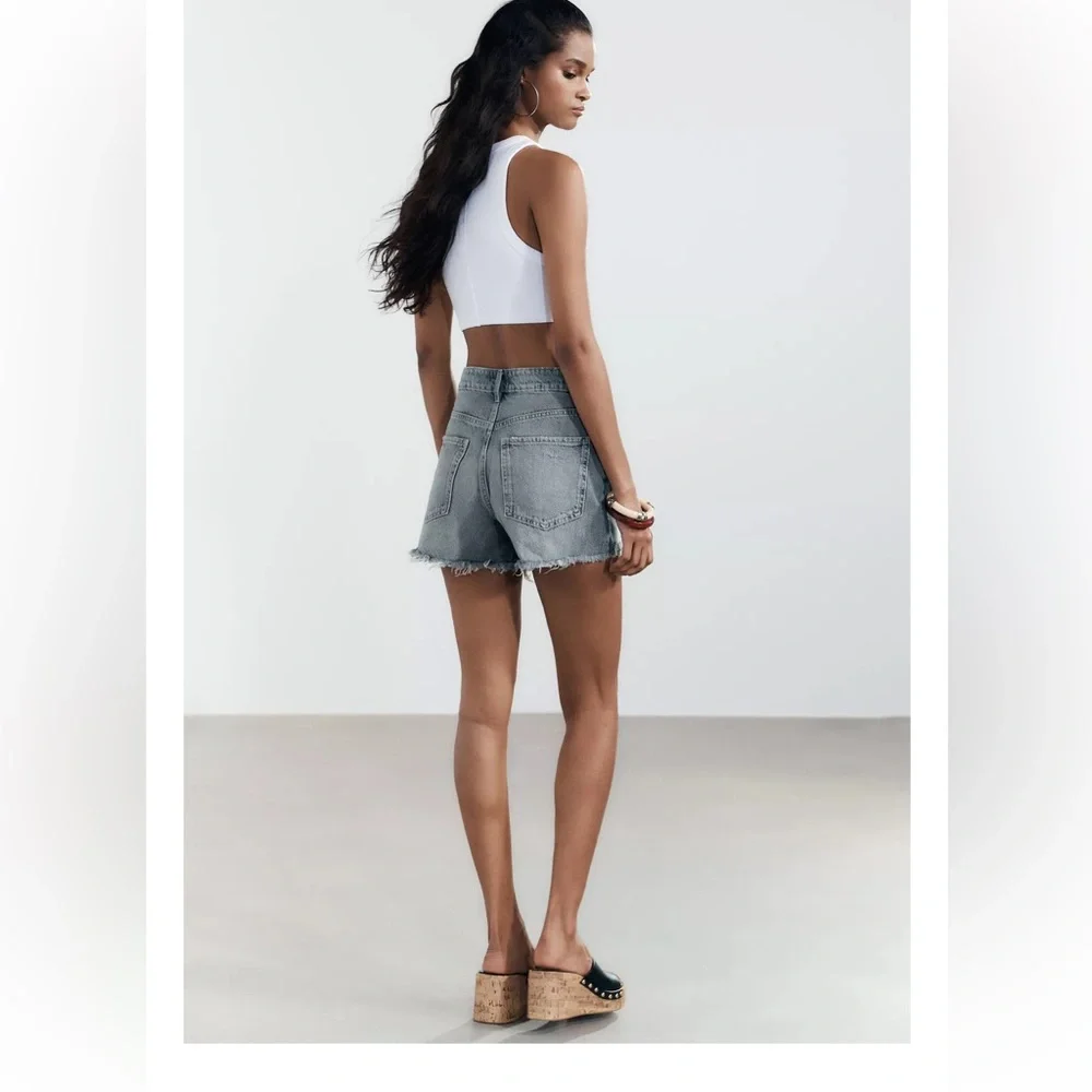 ZARA TRF RIPPED HIGH RISE DENIM SHORTS - Picture 6 of 10